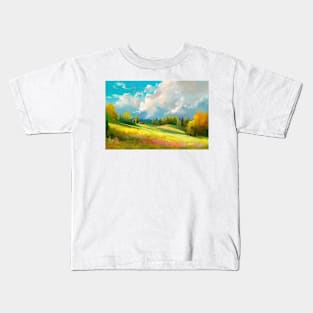 Abstract landscape with hills and trees and cloudy sky. Kids T-Shirt